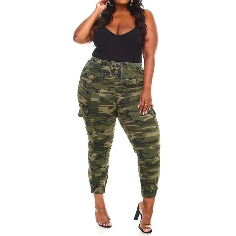 Spodnie damskie Plus Size Camo spodnie z wieloma kieszeniami Casual Military Army Print spodnie z wysokim stanem strój do ćwiczeń