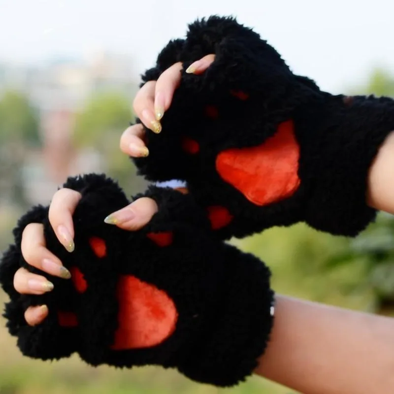 Women Cute Cat Claw Paw Plush Mittens Warm Soft Plush Short Fingerless Fluffy Bear Cat Gloves Costume Half Finger Black Gray