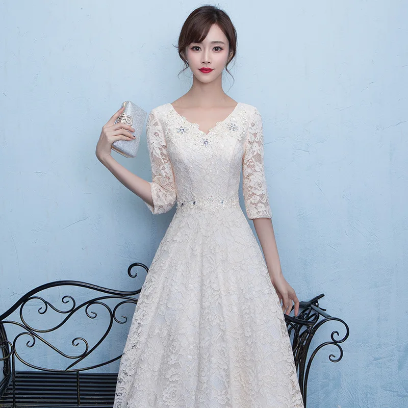 French Style Bridesmaid Dresses Lace V-Neck Half Sleeve Elegant Party Gowns Floor-Length Floral Print Graceful Celebrity Dress