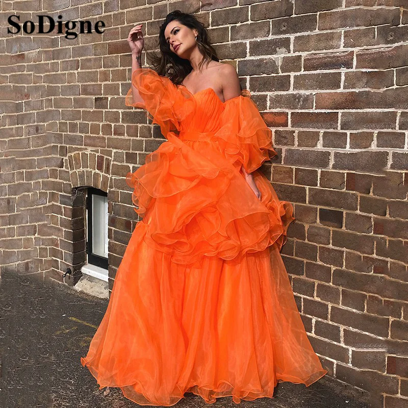 SoDigne Gaun Malam Princess Orange Gaun Pesta Prom Panjang Lengan Panjang Lapisan Off-The-Shoulder Organza Lembut