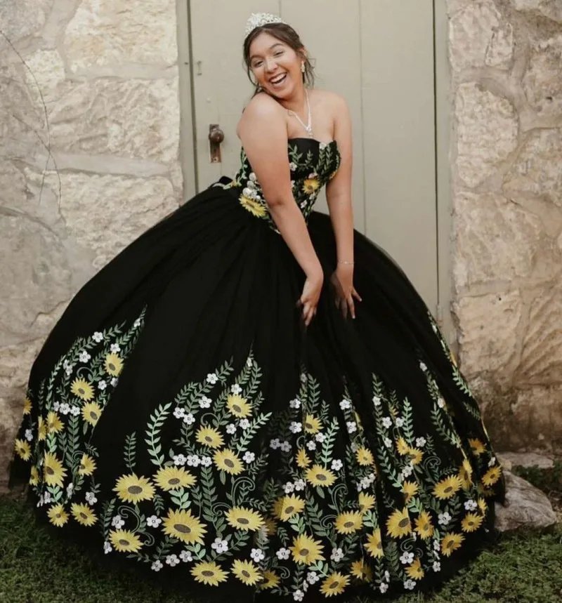 Charro Vestidos De XV Años Quinceanera Dresses Floral Embroidery Sweetheart Black Mexican Girls Birthday Sweet 15 Gowns