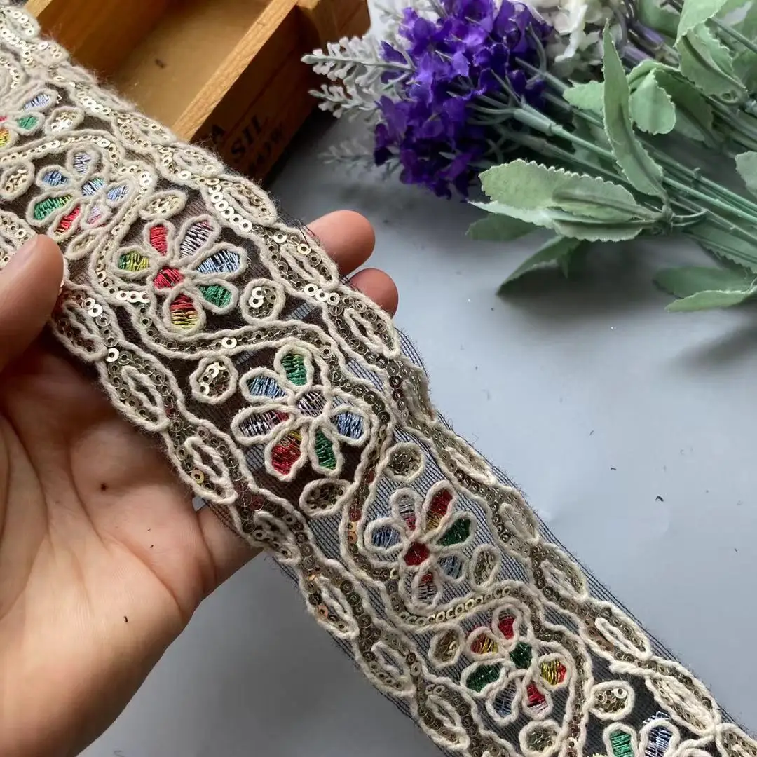 

2 Yards Silver multicolor 5cm Sequins African Lace Trims Geometric Lace Ribbon DIY Sewing Dress Decoration Lacework Materials