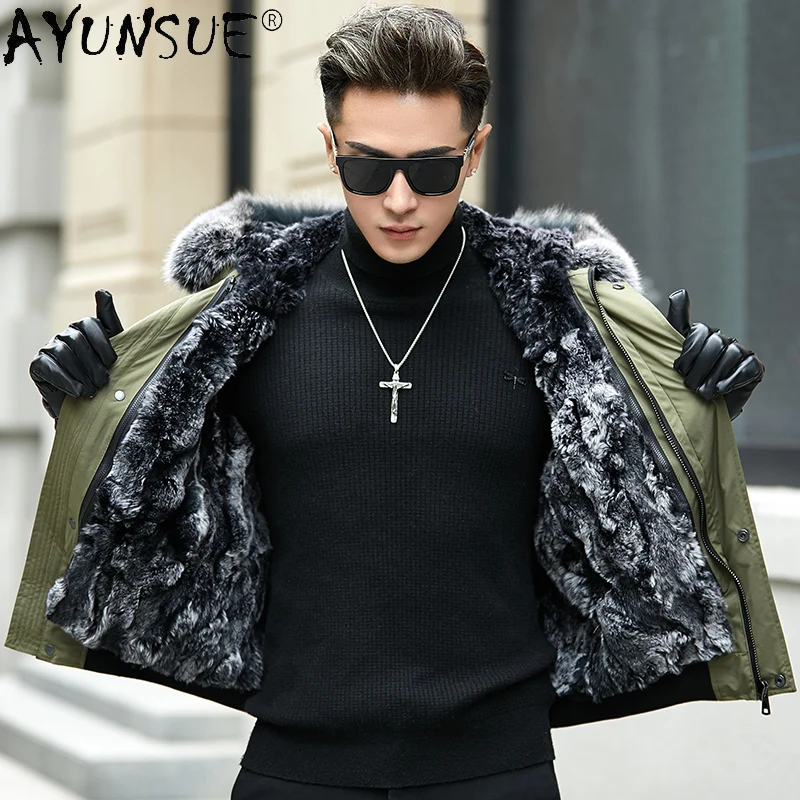 AYUNSUE Parka Winter Man Jacket Thick Jackets for Men Genuine Rabbit Fur Coat Hooded Clothes 5XL Chaqueta De Los Hombres LXR818