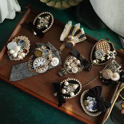 Vintage Handmade Small Fragrance Bow Crystal Brooch Pins for Women Pearl Fabric Tassel Chain Brooches Lapel Pin Girls Gifts