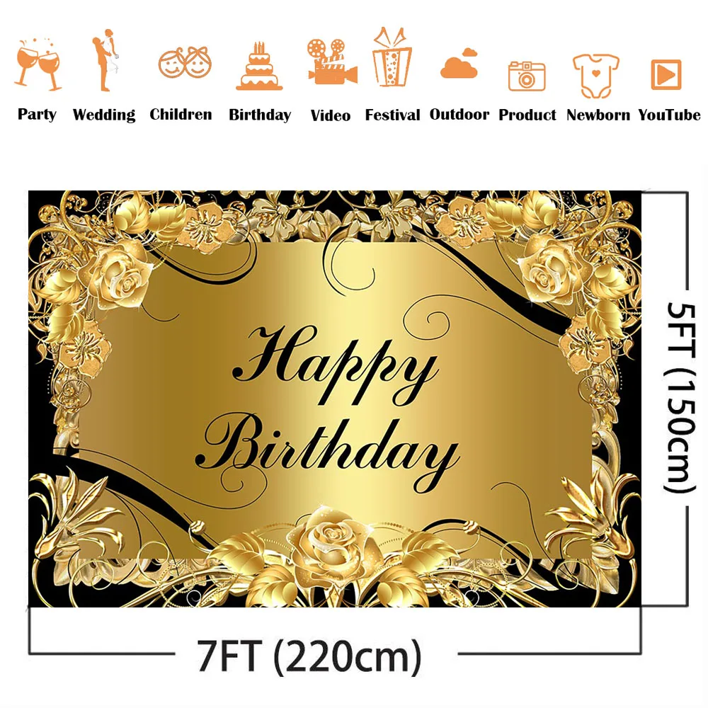 Black and golden birthday backdrop gold flower adult theme happy birthday party decoration supplies boys and girls back drop