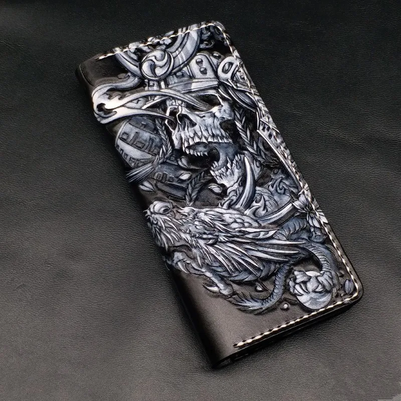 Handmade Wallets Carving Skeleton Dragon Warrior Purses Men Long Clutch Vegetable Tanned Leather Wallet Card Holder