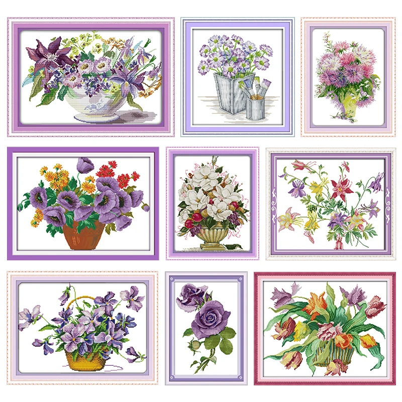 

Cross-Stitch Kit Stamped Purple Potted Flower Printed 11CT 14CT Painting Counted Patterns Crafts Decor Embroidery Needlework Set