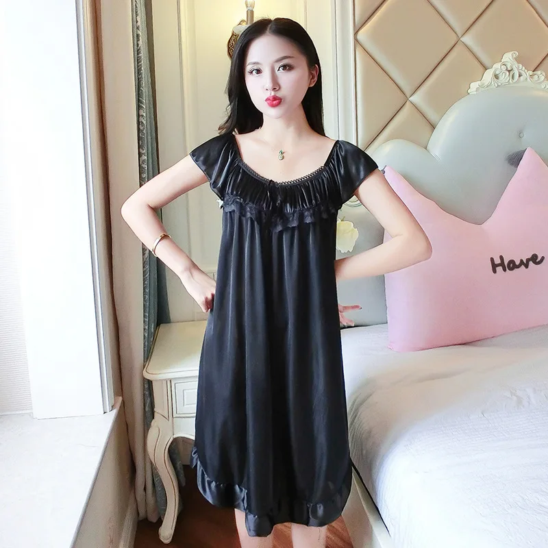 

Summer Ladies Womens Nightgowns Sexy Satin Silk Nightdress Women Home Casual Round Neck Nightdress Lace Patchwork Nightdress