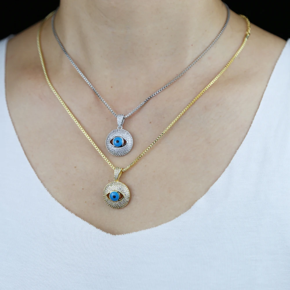 

Hip Hop Turkish Evil Eye Charm Necklace Jewelry For Women 5A Cz Paved Round Pendant Blue Eye Choker Necklace With Box Chain