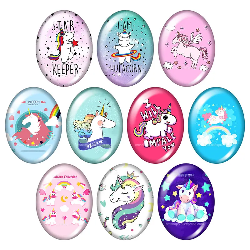 

Cartoon Cute Magical Unicorn Oval 13x18mm/18x25mm/30x40mm mixed photo glass cabochon demo flat back Jewelry findings