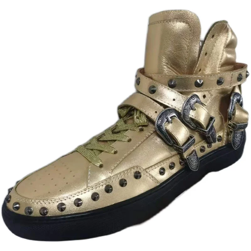 Men Real Leather High-Top Casual Shoes Lace Up Rivets Designer Gold Trainers Buckle Strap Breathable Outdoor Sneakers Male