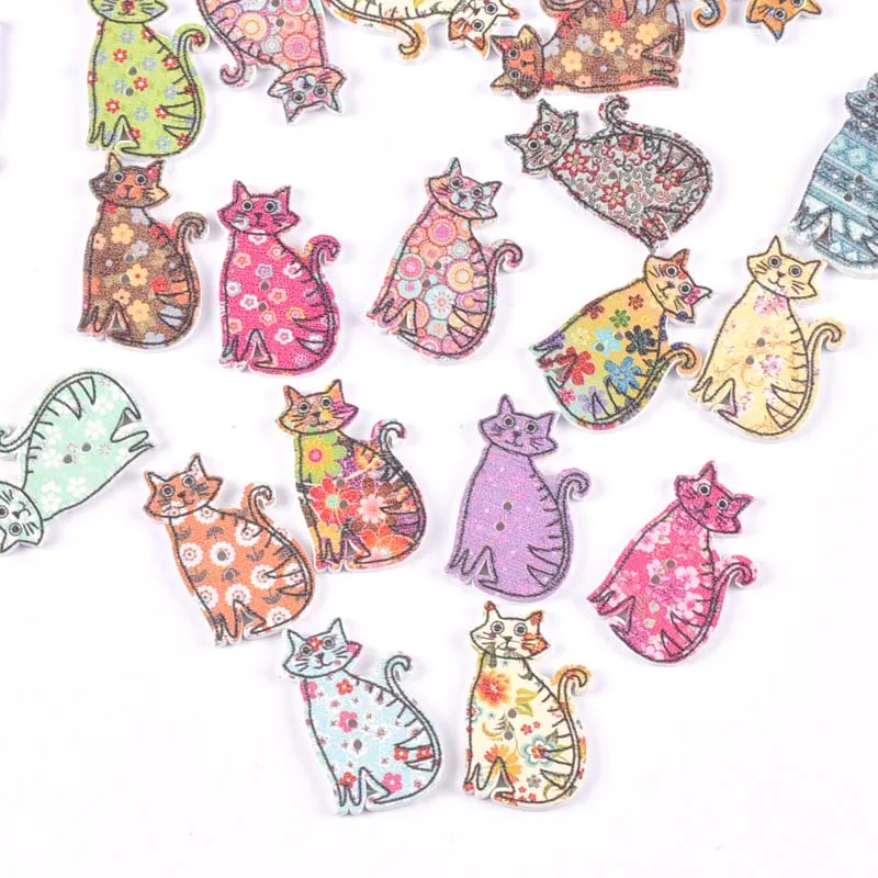 Random Mixed Painted cat Wooden Buttons For Clothes Sewing Crafts Handmade Scrapbooking DIY Kid Apparel Supplies 25Pcs 18x30mm