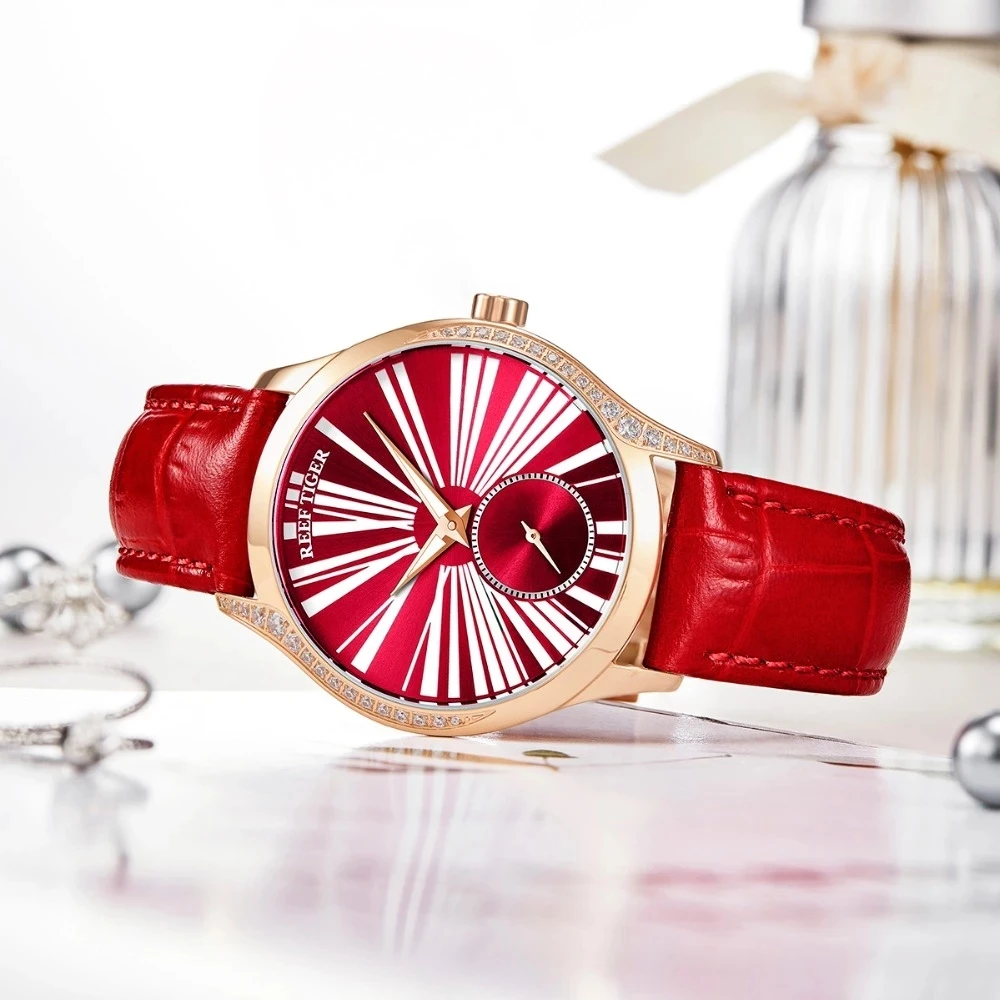 Reef Tiger/RT reloj de lujo a la moda para mujer, esfera roja, correa de cuero genuino, movimiento Miyota, relojes mecánicos automáticos