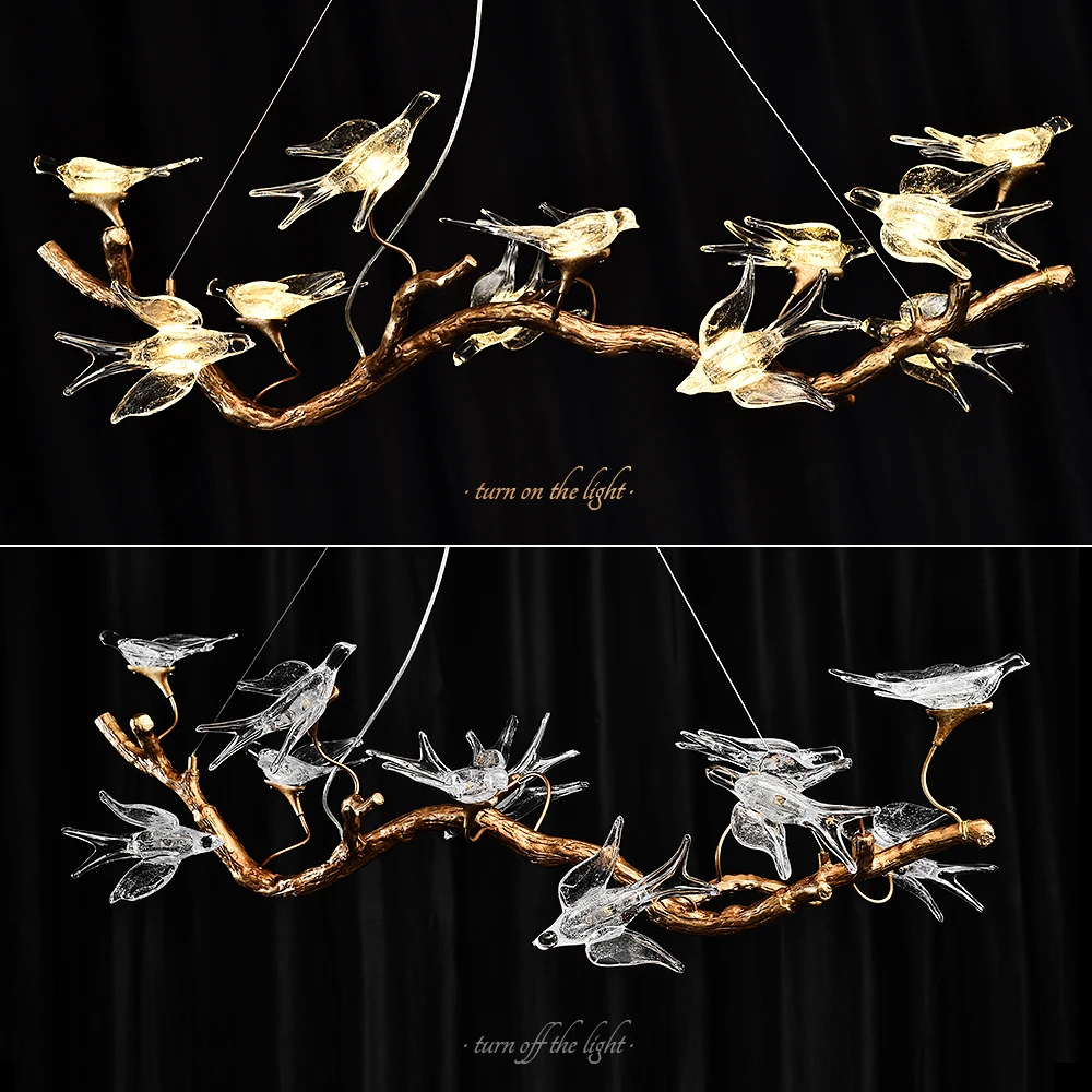 ODYSEN ART DECO Copper Chandelier Creative Handmade Glass Bird Living Room Decoration Lighting Fixture Tree Branches Island