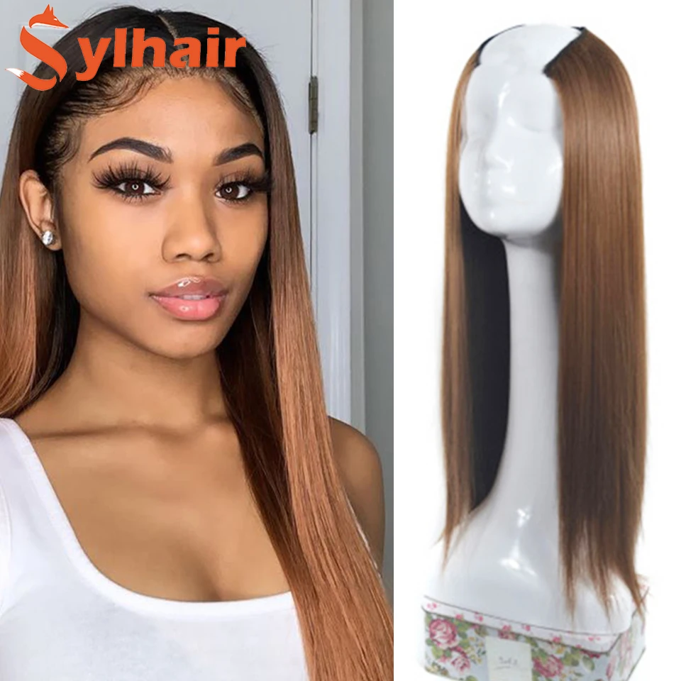 Sylhair U-Shaped Heat Resistant Natural Black Brown Wigs Synthetic Fake Hair Pieces Long Straight Half Wig for Women