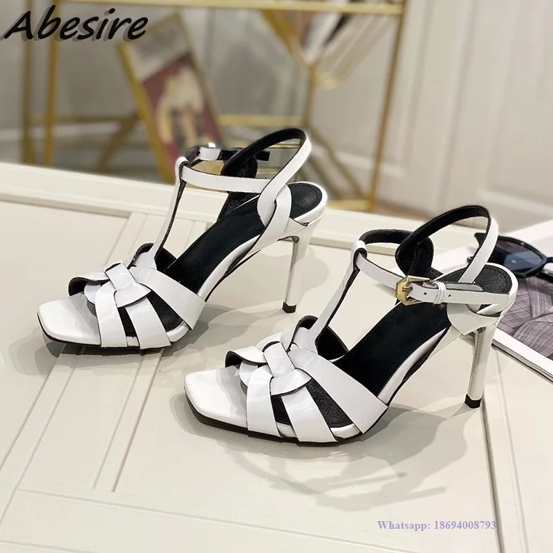 Abesire New Women\'s Sandals Square Toe Buckle Strap High Heels Summer Brown Red Shoes For Women Fashion Stilettos zapatos mujer