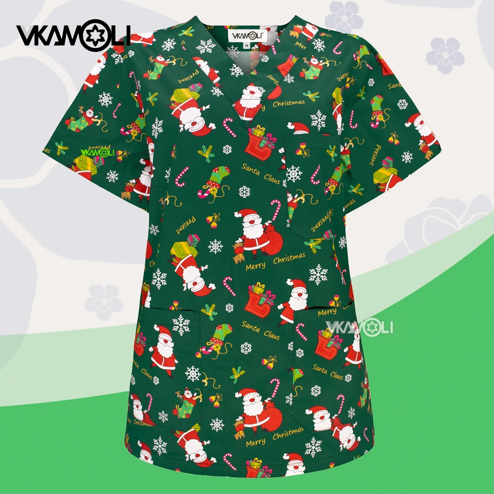 Christmas Print Women's Top Scrub Medical Uniform Men Hospital Nurse Uniform Scrubs Tops Scrubs Shirt Nurse Uniform