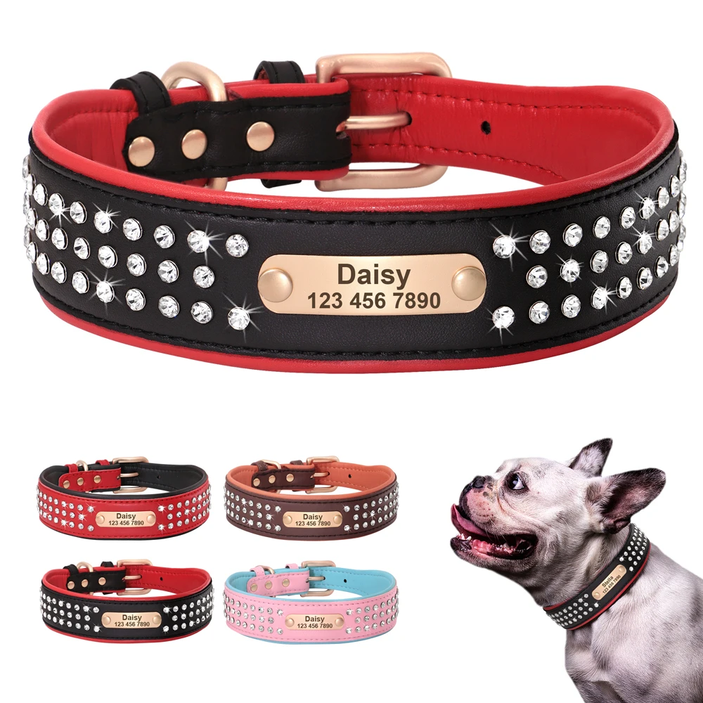 Personalized Dog Collar For Medium Large Dogs French Bulldog Pitbull Bling Rhinestone Pet Puppy Nameplate ID Tag Collars Pink