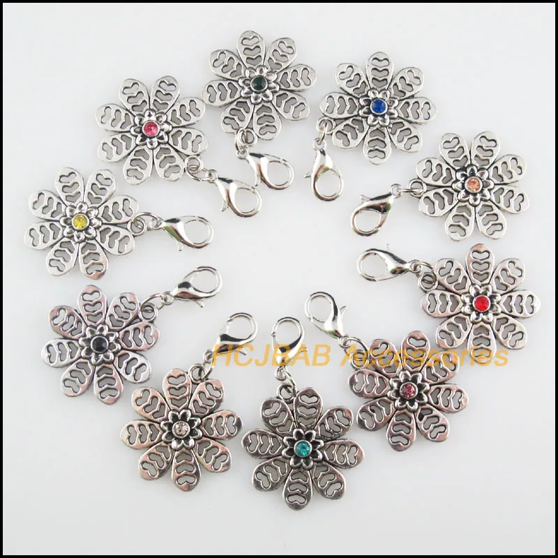 10 New Snowflake 21x23mm Charms Mixed Round Crystal Tibetan Silver Plated Retro With Lobster Claw Clasps