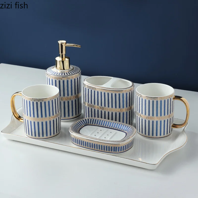 Ceramics Blue Pink Vertical Stripes Wash Five-piece Set Bathroom Product Mouthwash Cup Soap Dish Lotion Bottle Toothbrush Holder