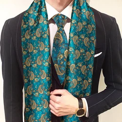 New Fashion Men Scarf Necktie Hanky Cufflinks Set Green Jacquard Paisley Silk Scarf Tie Autumn Winter Casual Business Barry.Wang