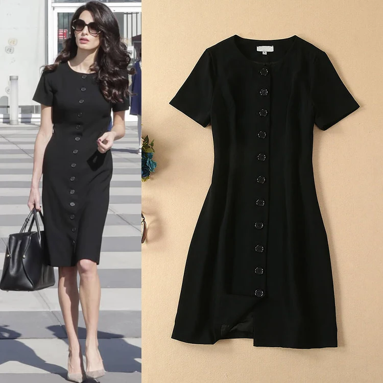 

Spring and Summer Women's O-neck Black Slim Midi Dress Office Lady Buttons Straight Elegant Short Sleeve Dresses Star Dress