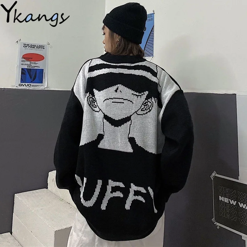 

Women's Oversize Christmas Sweater Japanese Cartoon Luffy Long Sleeve Knitted Sweater Winter Streetwear Loose Pullovers Sweaters