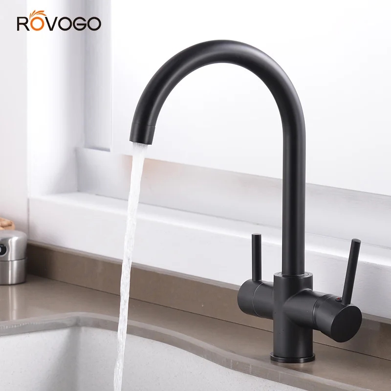 ROVOGO Matte Black Dual Handle Filtered Crane For Kitchen, 360 Rotation Water Filter Tap Three Ways Sink Mixer Kitchen Faucet