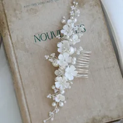 White Porcelain Flower Bridal Comb Hair Piece Pearls Wedding Jewelry Handmade Women Headpiece Hair Ornament