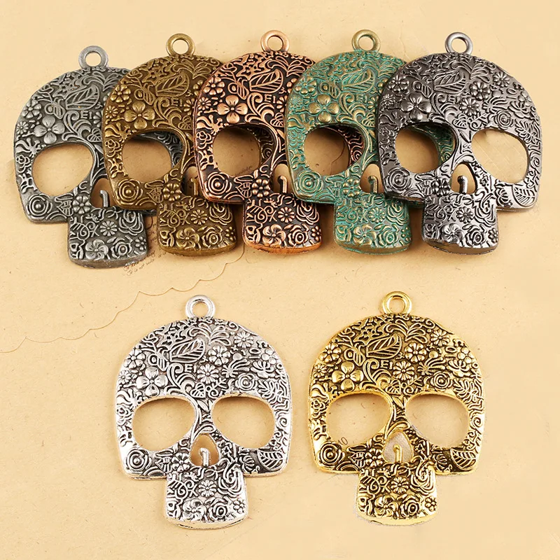 2 Pieces 49*66mm 6 Colors Big Size Carved Oversized Rose Metal Skull Head Charm Pendant For DIY Pendant Jewelry Making Findings