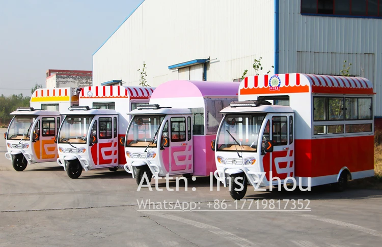 สามล้อยอดนิยม3.8M ยาวไฟฟ้ามือถือน้ำแข็งครีมอาหารรถเข็นสามล้อ Hotdog Street Fast อาหารหยอดเหรียญรถบรรทุก