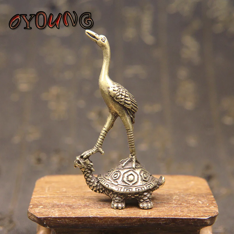 Antique Copper Ornaments Chinese Feng Shui Crane Turtle Figurines Home Decor Retro Brass Animal Censer Office Desk Decorations