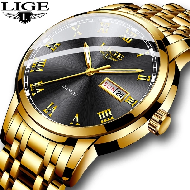 Relogio Masculino LIGE Gold Men Watch Waterproof Stainless Steel with date week Quartz Watches Men's Luxury Business Dress Clock