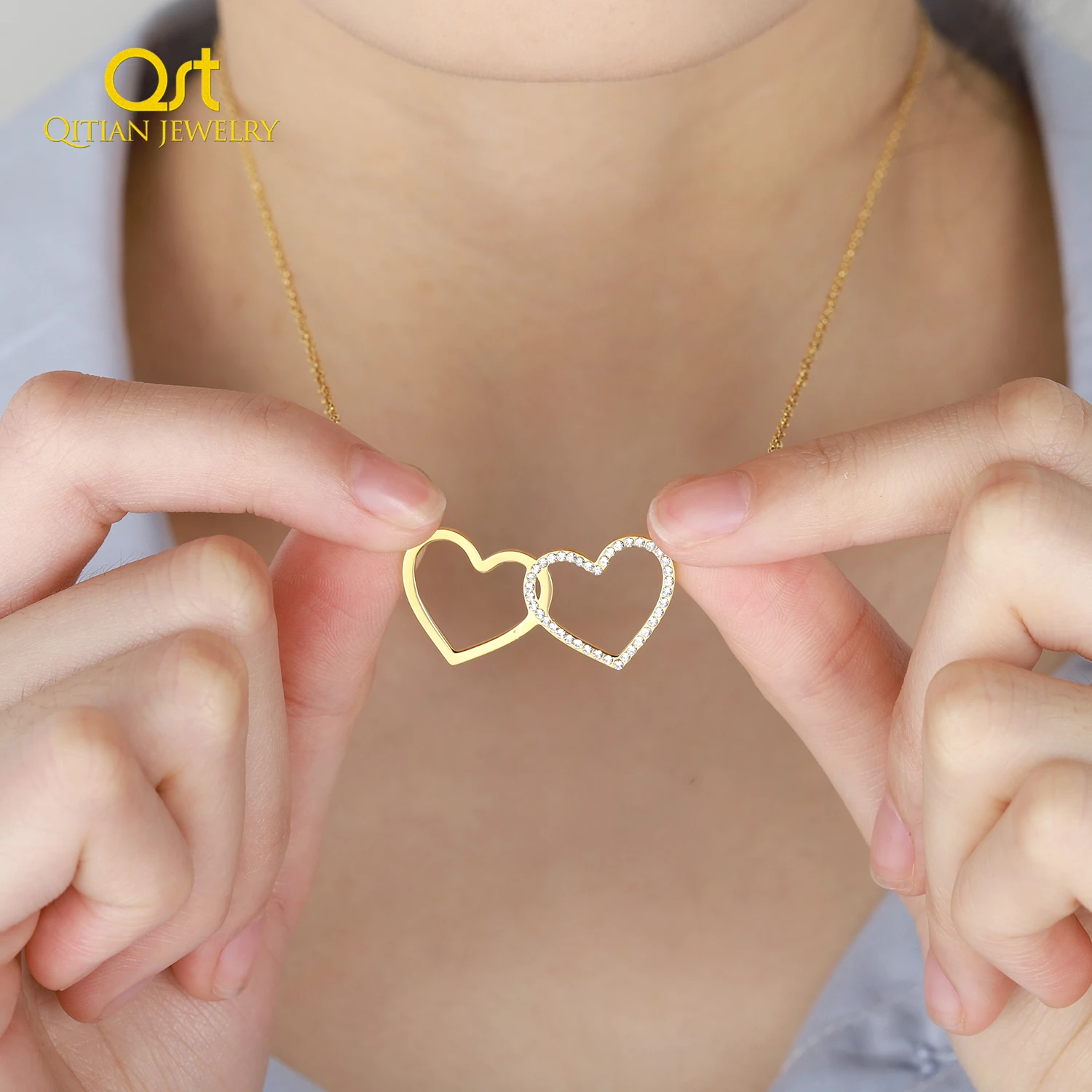 Custom Crystal Double-heart  Necklace Charm Clavicle Necklaces Chain For Women Gold Stainless Steel Pendant Jewelry Heart Gifts