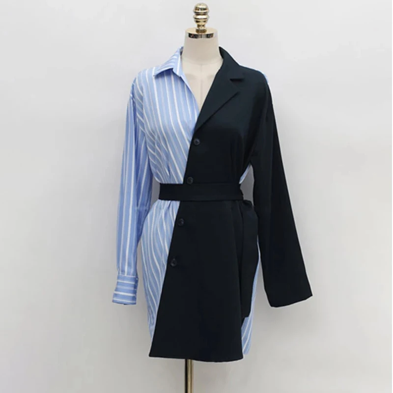 Mini robe à manches longues pour femme, chemise à rayures, imprimé Patchwork, élégante, Mini robe crantée avec ceinture, Blazer, vêtements d'extérieur, automne