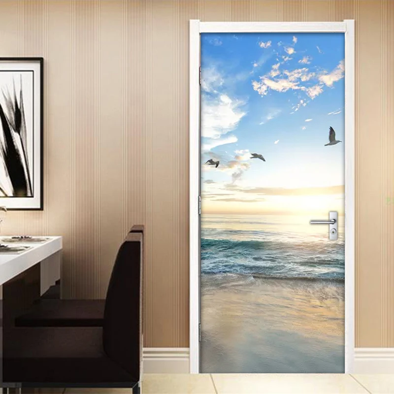 3D Mural Blue Sky White Clouds Seagull Sandy Beach Seascape Photo Wall Paper For Living Room Bedroom Self-adhesive Door Sticker