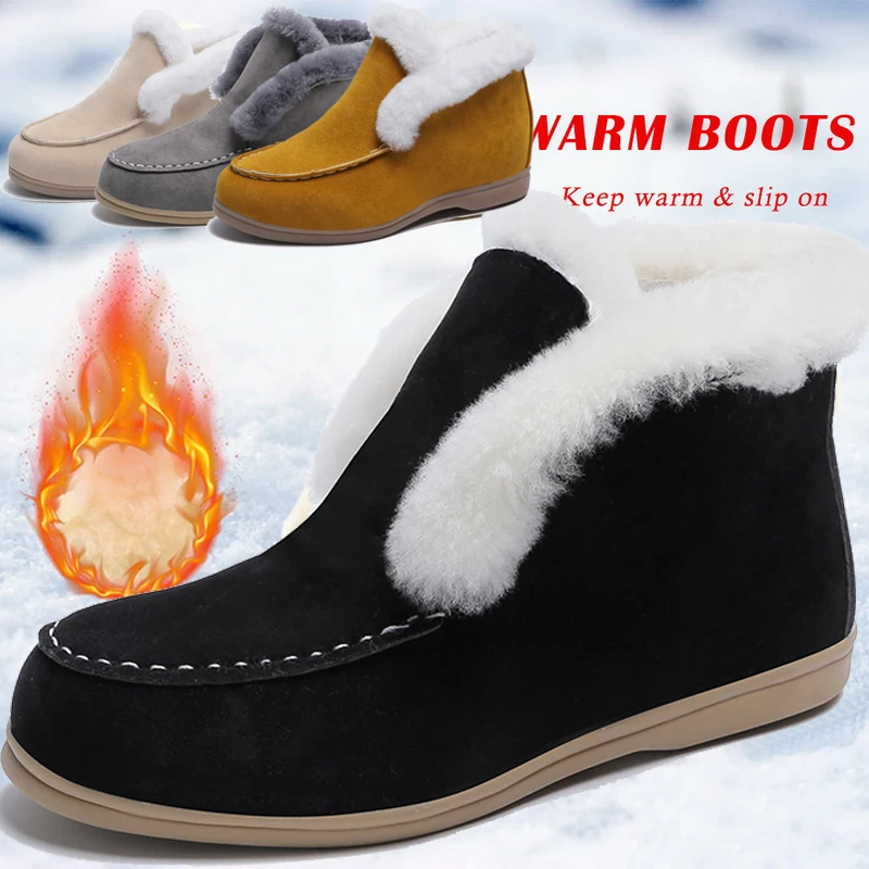 

2021 Ankle Boots Suede Leather Boots Warm Fur Casual shoes Winter Boots Slip-on Snow Boots for Women Flat Wool Boots Women Shoes