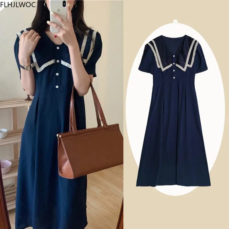 Hot Sales New Fashion Womens Summer Short Sleeve Casual Cute Sweet Solid Color Long Vintage Japan Style Dress O1462