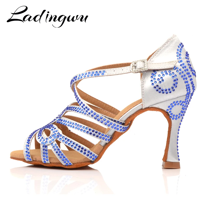 Ladingwu Latin Dance Shoes Double Rhinestone Blue Shining Silver gray Satin Women Ballroom Dancing Shoes Cuba Heel 9cm