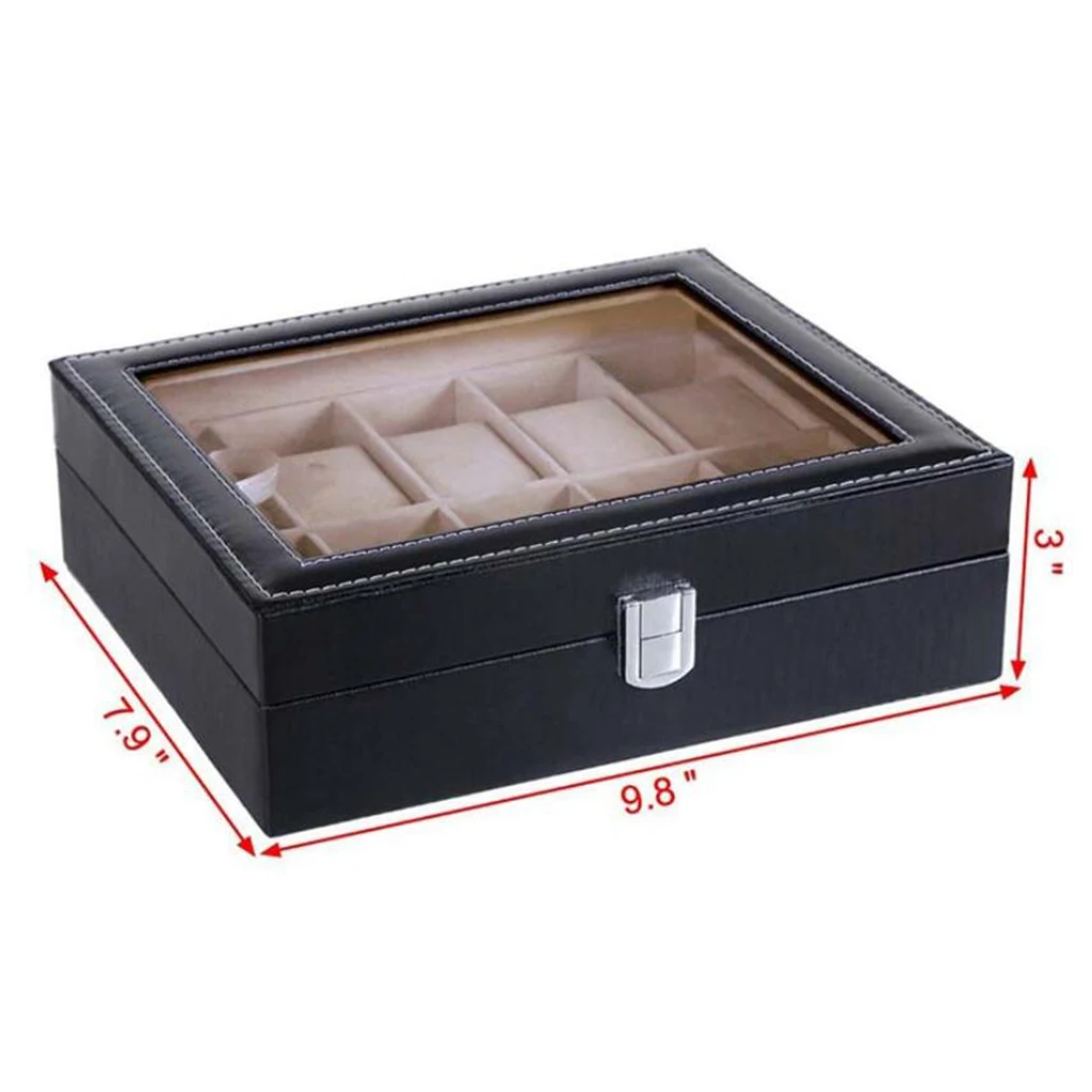 10 Slots Watch Box PU Leather Luxury Watch Case Holder Organizer Storage Box For Watches Men Glass Top Watch Organizer Jewelry