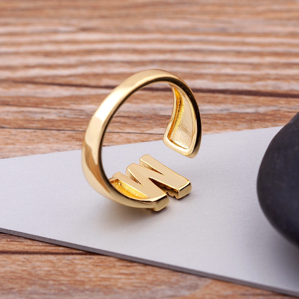 Fashion Chunky Wide Hollow A-Z Letter Gold Color Adjustable Opening Ring Initials Name Alphabet Female Party Wedding Jewelry