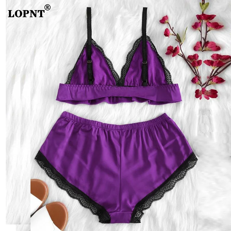 LOPNT Women Sleepwear Lace Split Shiny Cloth Pajamas Set Nightwear Bra Top + Shorts Sexy Lingerie Camisole Underwear