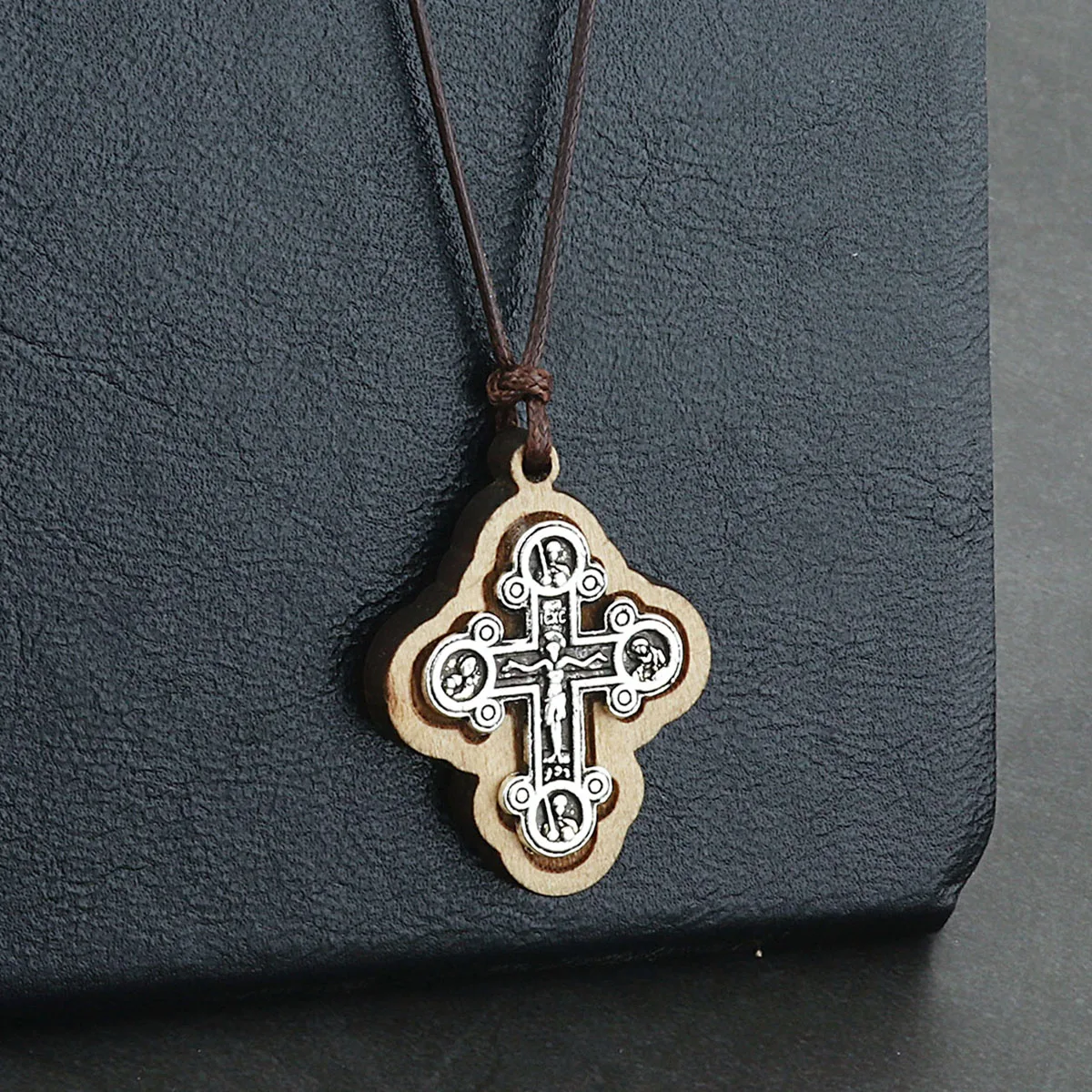 Orthodox ICXC Wooden Saint Cross Pendant Necklaces for Men Adjustable Leather Rope Chain Necklace Religious Jewelry