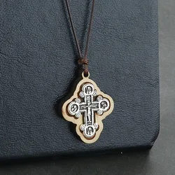 Orthodox ICXC Wooden Saint Cross Pendant Necklaces for Men Adjustable Leather Rope Chain Necklace Religious Jewelry
