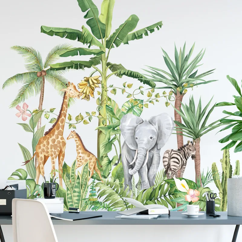 Big Nordic Jungle Animals Wall Stickers for Kids Rooms Boys Room Bedroom Decoration Elephant Giraffe Plants Wallpaper Posters