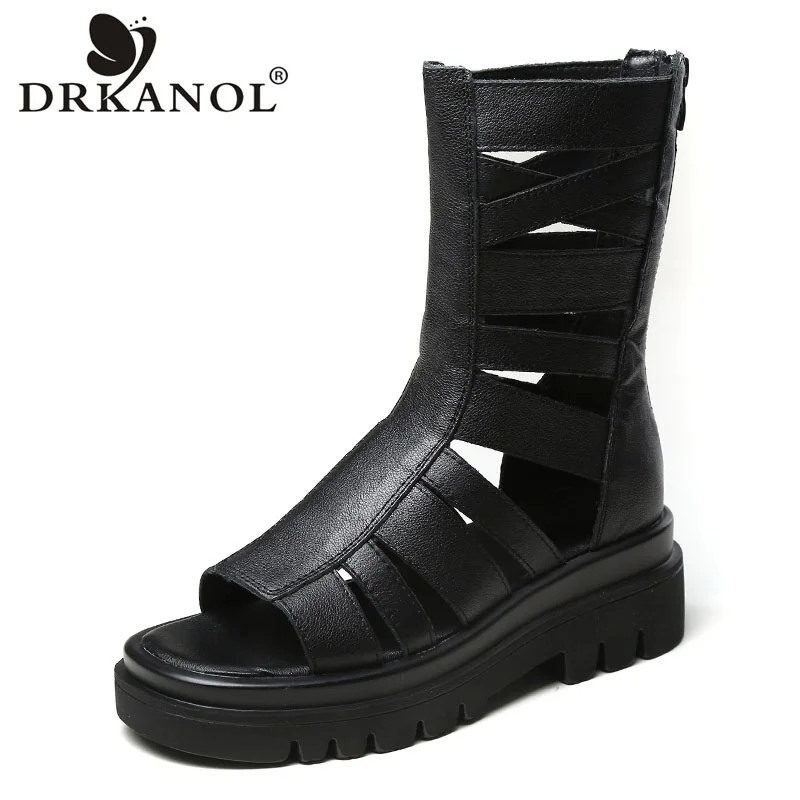 DRKANOL Brand 2024 Women Sandals Open Toe Genuine Leather Back Zipper Wedges Platform Gladiator Sandals Women Summer Cool Boots