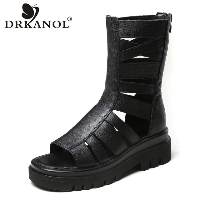 DRKANOL Brand 2026 Women Sandals Open Toe Genuine Leather Back Zipper Wedges Platform Gladiator Sandals Women Summer Cool Boots