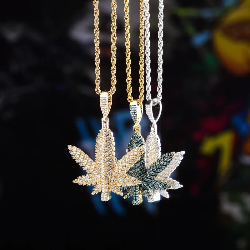 Hip Hop Micro Pave AAA CZ Stone Bling Ice Out Maple Cannabiss Marijuanas leaf Pendants Necklace for Men Rapper Jewelry