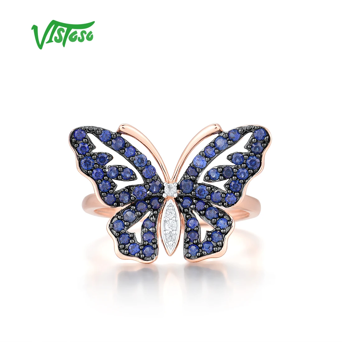 VISTOSO Genuine 9K 375 Rose Gold Butterfly Rings For Lady lab Created Sapphire White Topaz Engagement Anniversary Fine Jewelry