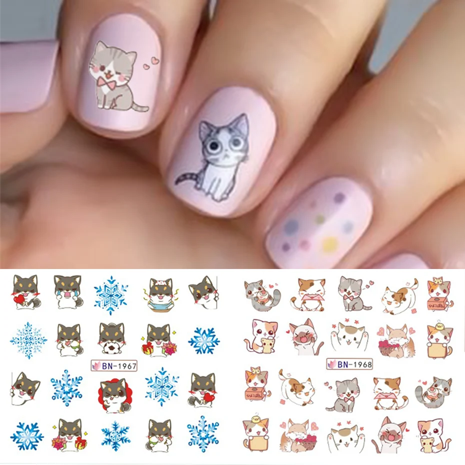 12Pcs Animal Nail Stickers Winter Sneeuwvlok Cartoon Vos Kat Konijn Water Transfer Manicure Slider Nail Accessoires NLBN1957-1968